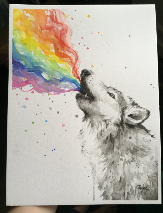 570x745 Howling Wolf Watercolor Wolf Art Wolf Painting Rainbow - Wolf Watercolor Painting