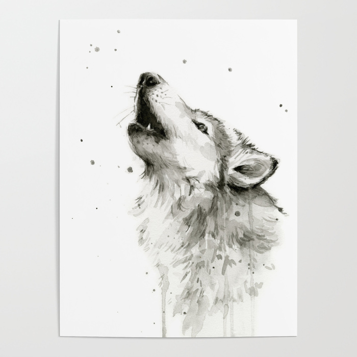 700x700 Wolf Howling Watercolor Animals Painting Black And White Poster By - Wolf Watercolor Painting