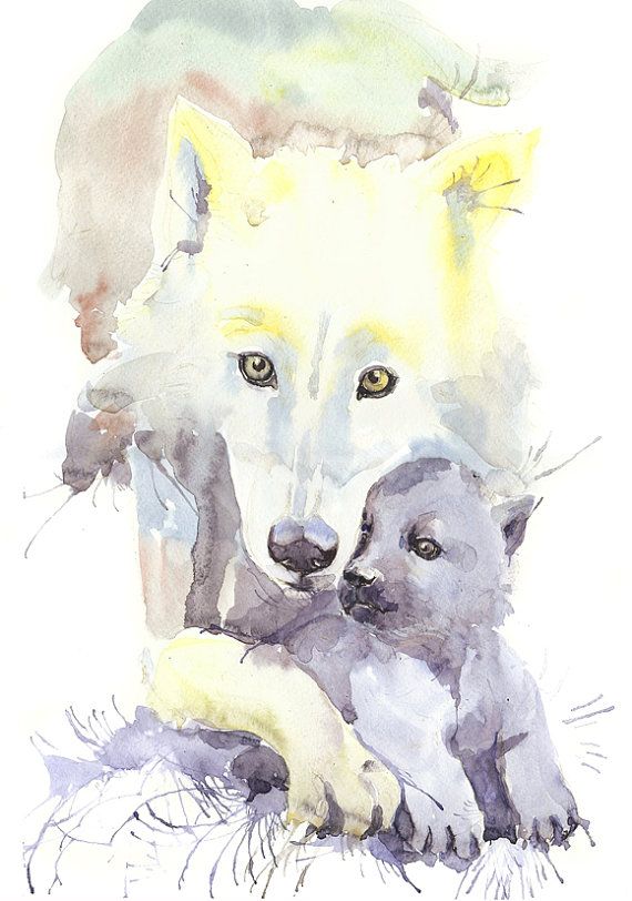 570x812 Wolf Watercolor Painting Woodland Nursery Decor Mother And Baby - Wolf Watercolor Painting