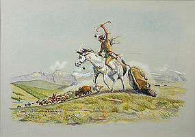 285x201 Byron Wolfe Watercolor Painting, Indians Hunting Bison (Item - Wolfe Painting