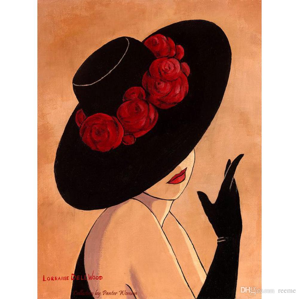 1000x1000 2018 Hand Painted Abstract Art Lady In Black Red Hat Beautiful - Woman Art Painting