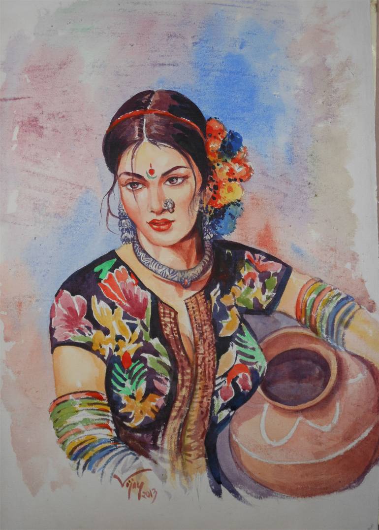 770x1075 Saatchi Art Indian Woman With Water Pot Painting By Vijay Malhotra - Woman Art Painting