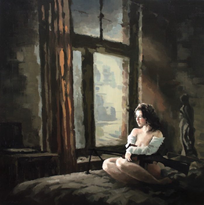 698x700 At Ease Gray Zao Women, Guns, Oil Paintings - Woman At The Window Painting
