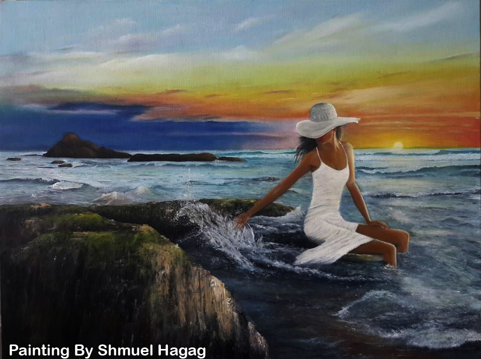 960x717 Lady And Sea Oil Painting By Shmuel Hagag By Shmuelhagag - Woman By The Sea Painting