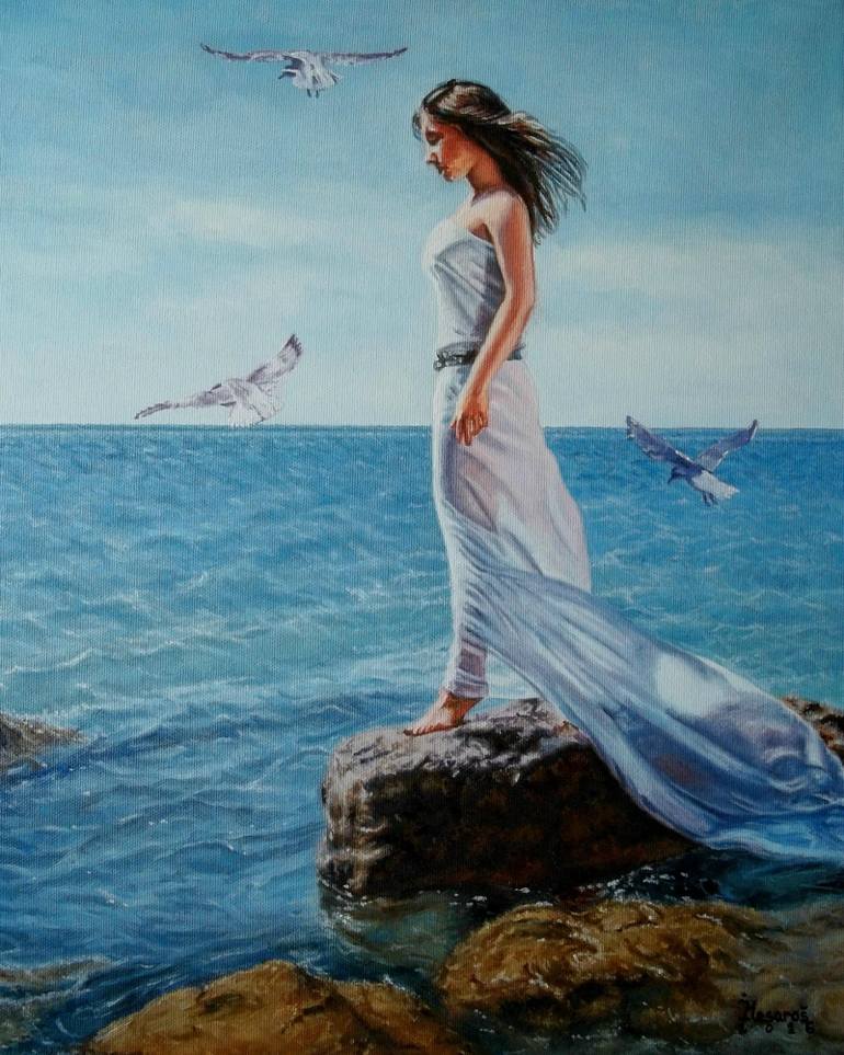 770x963 Saatchi Art Woman Standing On A Rock Painting By Jozi Mesaros - Woman By The Sea Painting