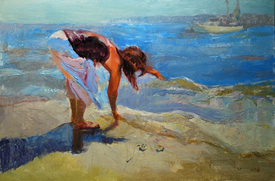 550x362 Woman On Beach Looking For Sea Shells - Woman By The Sea Painting
