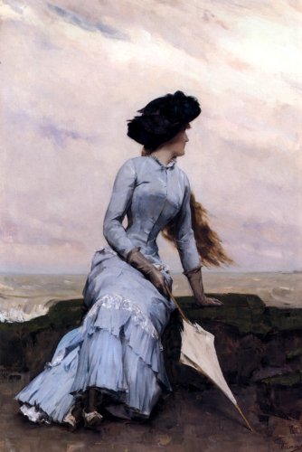 334x500 Woman Looking Out To Sea Painting By Charles Hermans - Woman By The Sea Painting
