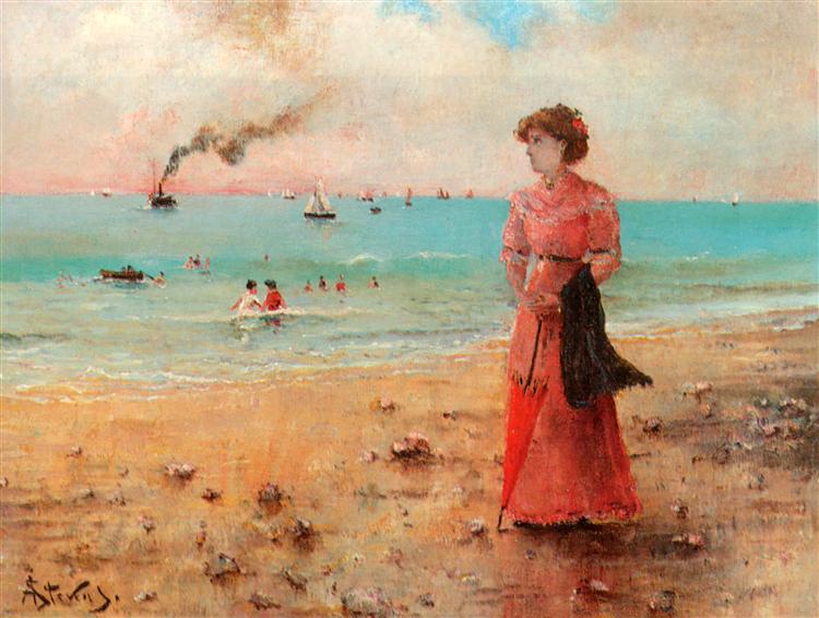 750x566 Young Woman With The Red Umbrella By The Sea, C.1885 - Woman By The Sea Painting