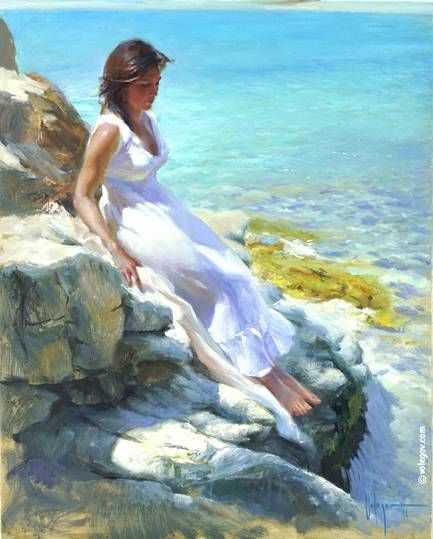 433x539 Conversation With A Camomile, Painting Whisper, Oil - Woman By The Sea Painting