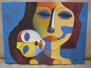 300x225 Latin American Signed Cubist Woman Face Oil Painting Guayasamin - Woman Face Oil Painting