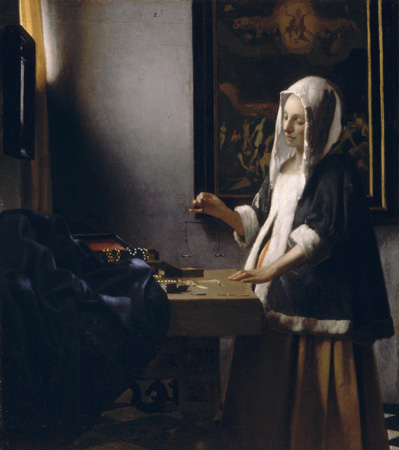 399x450 Woman Holding A Balance By Johannes Vermeer - Woman Holding A Balance Painting