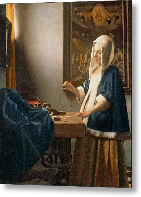 494x686 Woman Holding A Balance Metal Print By Jan Vermeer - Woman Holding A Balance Painting