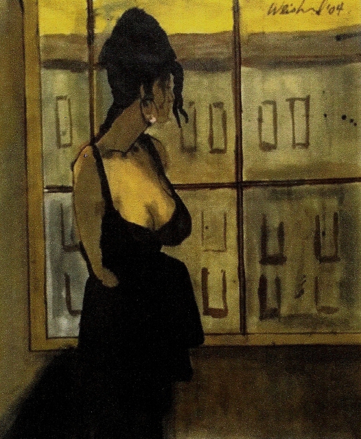 526x640 Harry Weisburd Artwork Woman In Black Dress By Window Cityscape - Woman In Black Dress Painting