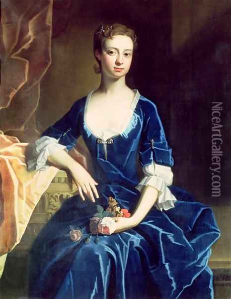 465x600 Portrait Of A Lady In A Blue Velvet Dress Oil Painting - Woman In Blue Dress Painting