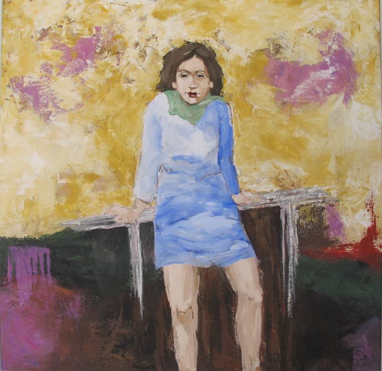 770x748 Saatchi Art Sitting Woman In A Blue Dress Painting By Jutta Bressem - Woman In Blue Dress Painting