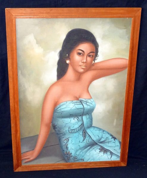 494x600 70s Tahitian Koa Framed Oil Painting Woman In Blue Dress - Woman In Blue Painting