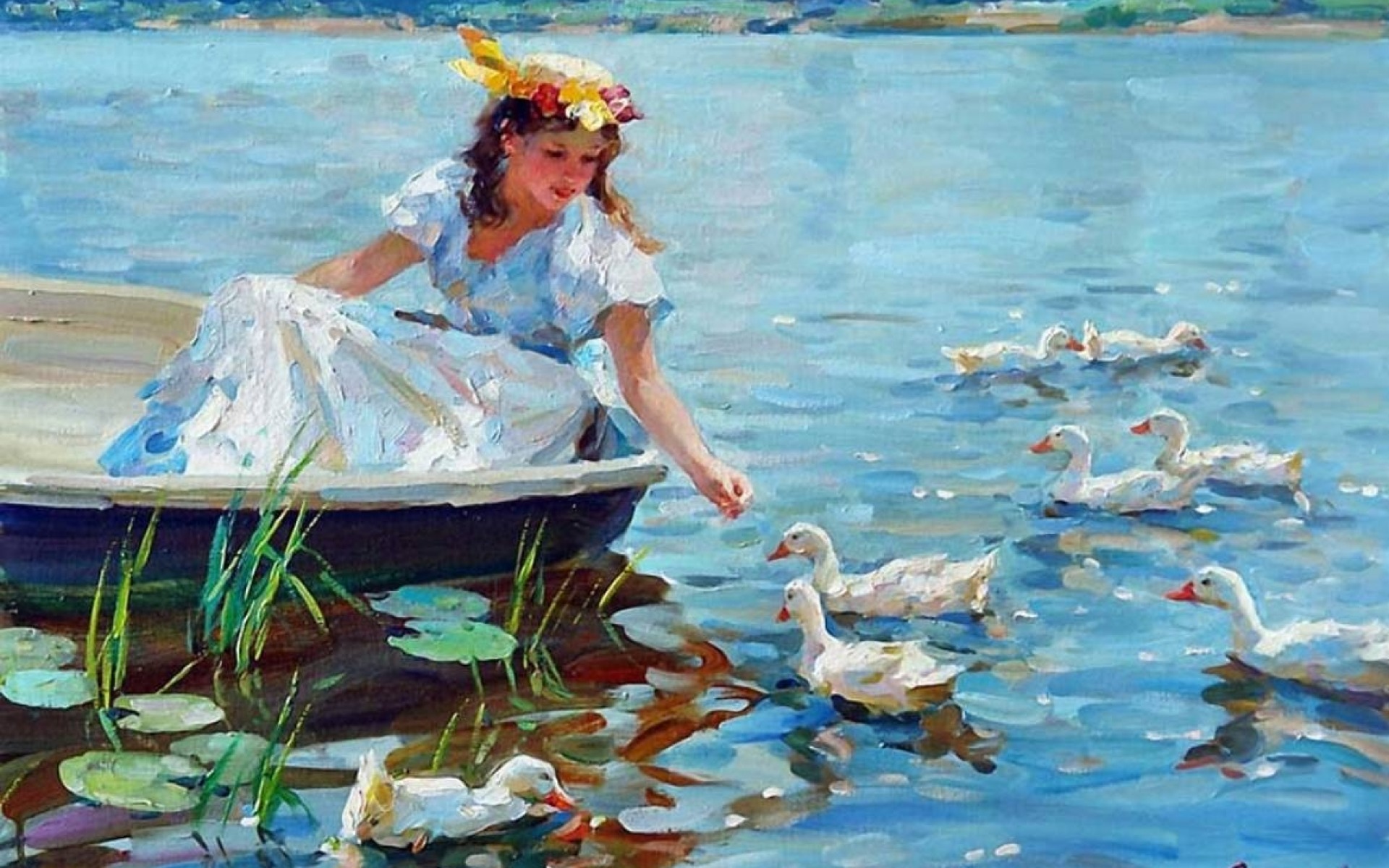 1920x1200 1920x1200 Woman Dress Boat Lake Ducks Desktop Pc And Mac Wallpaper - Woman In Boat Painting