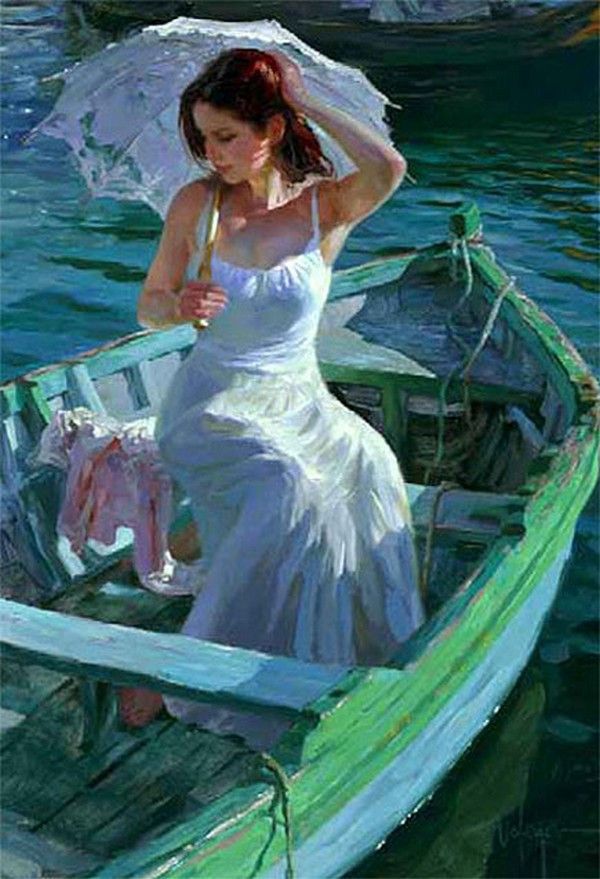 600x879 Vladimir Volegov (Woman Wearing White Dress With Parasol In Boat - Woman In Boat Painting