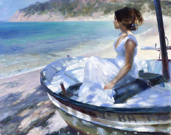 648x512 In White Boat, Painting - Woman In Boat Painting