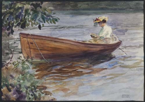 500x354 Woman Reading In A Boat By Arthur Ernst Becher On Artnet - Woman In Boat Painting