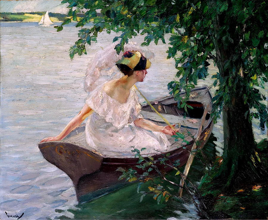 900x738 Young Woman In A Boat Painting By Edmund Charlestarbell - Woman In Boat Painting