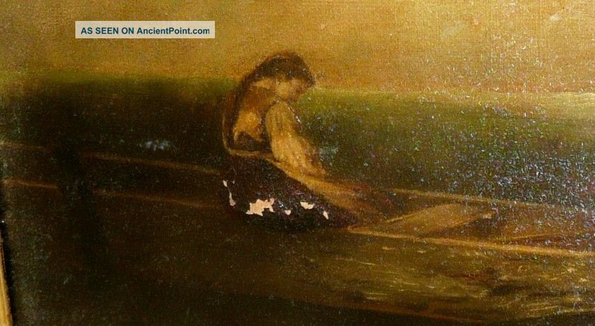 853x468 Antique Oil Painting Canvas Woman Girl In A Fishing Row Boat - Woman In Boat Painting