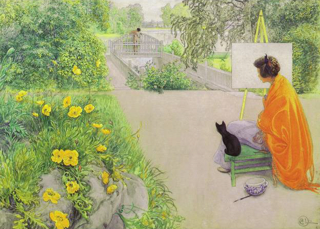 624x447 Portrait Painting Woman Orange Cape With Black Kitten - Woman In Garden Painting