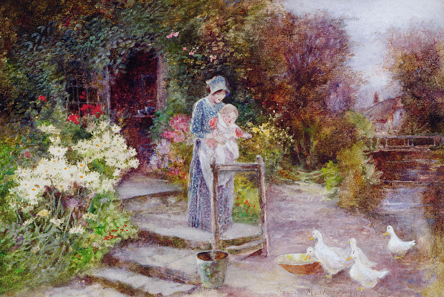 900x601 Woman And Child In A Cottage Garden Painting By Florence Agnes Mackay - Woman In Garden Painting