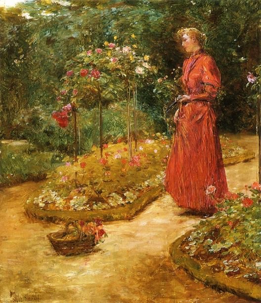 528x614 Woman Cutting Roses In A Garden Painting Frederick Childe Hassam - Woman In Garden Painting