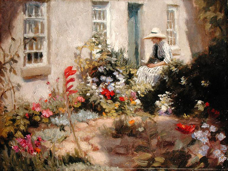 800x600 Woman Reading In A Garden By Harold Harvey (Painting Id Ed 0879 Ka) - Woman In Garden Painting