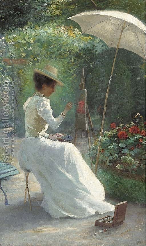 512x860 A Young Lady Painting In The Garden Charles Endres Reproduction - Woman In Garden Painting