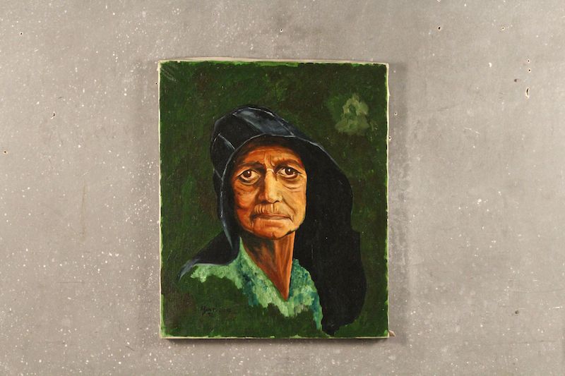800x533 Mid Century Wise Old Woman Oil Painting Furnish Green - Woman In Green Painting