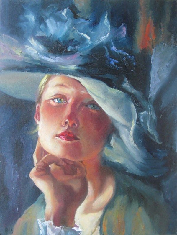 600x797 Woman In Blue Hat (Paintings By Various Artists From Ukraine) - Woman In Hat Painting