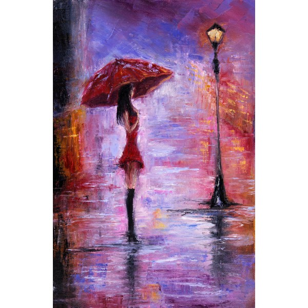 600x600 Girl In The Rain Street Corner - Woman In Rain Painting