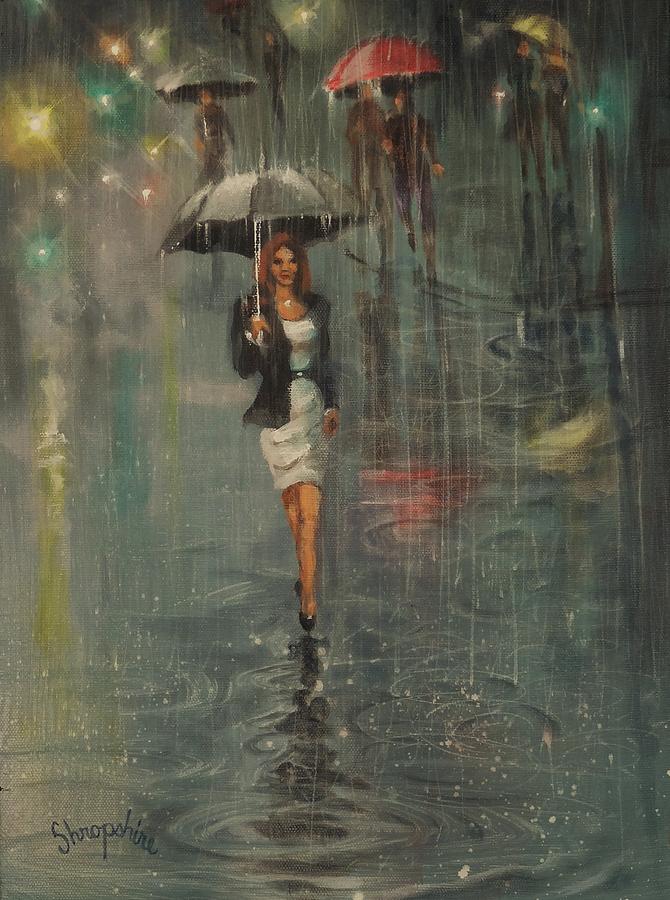 670x900 Rain In The City Painting By Tom Shropshire - Woman In Rain Painting