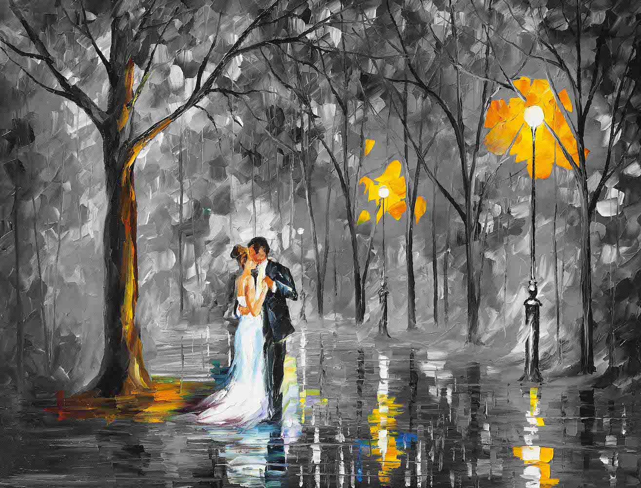1315x1000 Rainy Wedding Mixed Media Oil On Canvas And Limited Edition - Woman In Rain Painting