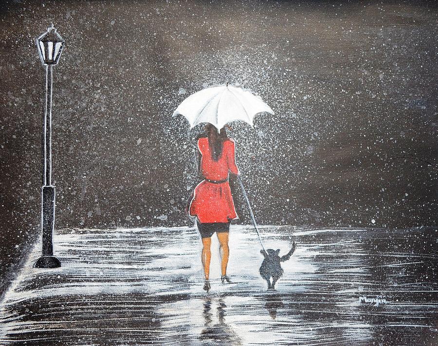 900x711 Stroll In The Rain Painting By Manjiri Kanvinde - Woman In Rain Painting