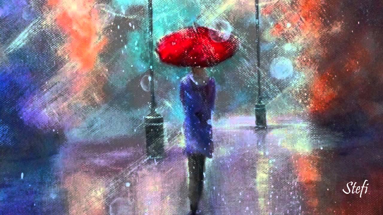 1280x720 Umbrellas In The Rain ~ Helicopter Girl - Woman In Rain Painting