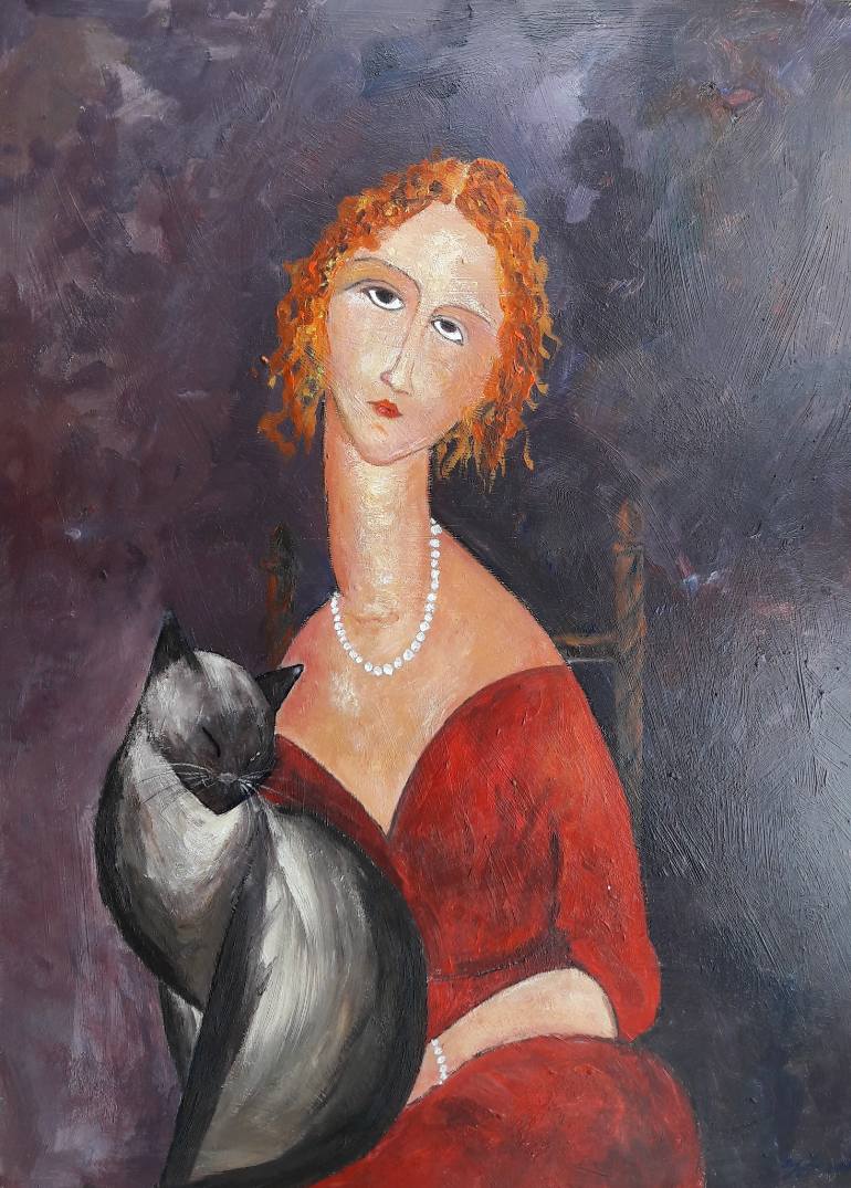 770x1075 Saatchi Art Woman Red Dress, Siamese Cat Painting By Teresa Tanner - Woman In Red Dress Painting