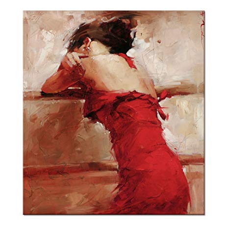 463x463 100% Hand Painted Lonely Lady In Red Dress Wall Art - Woman In Red Dress Painting