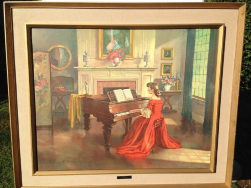 500x375 Other Original International Art - Woman In Red Dress Playing Piano Painting