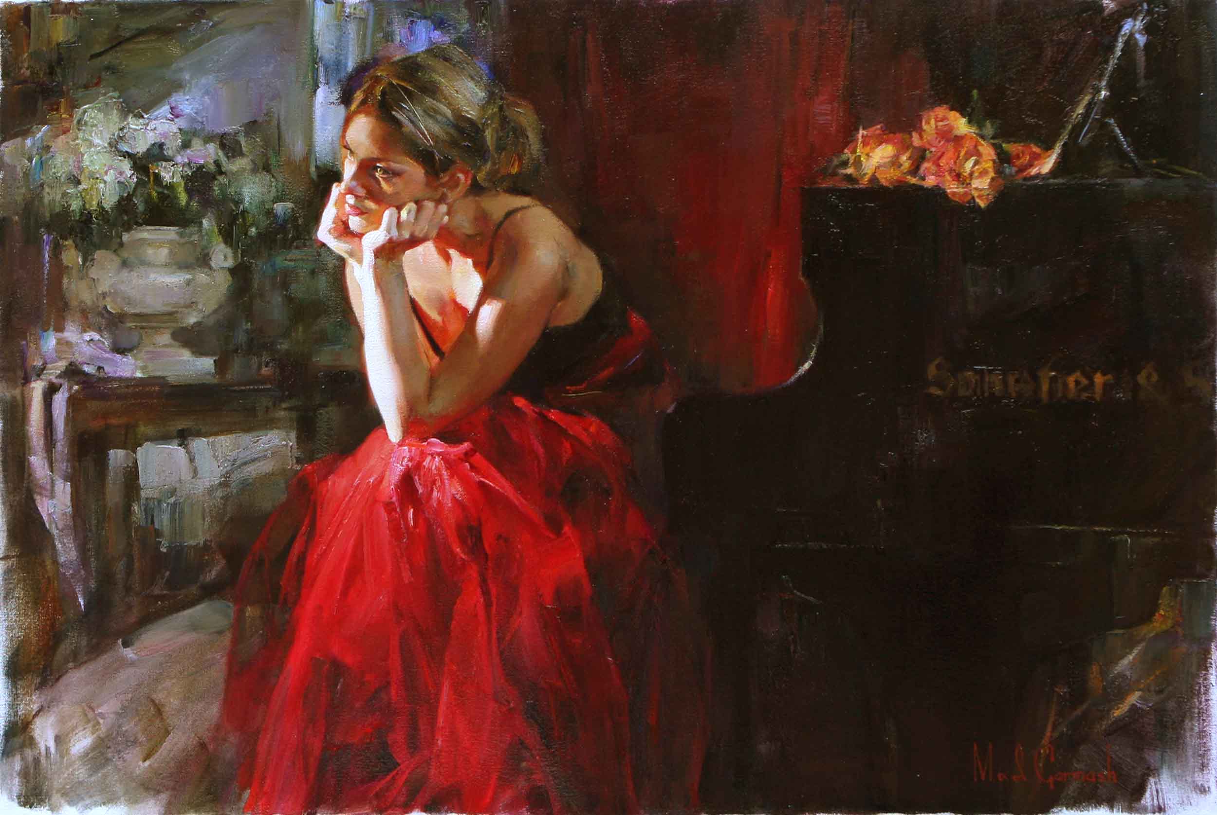 2500x1674 Piano Player By Michael Amp Inessa Garmash - Woman In Red Dress Playing Piano Painting