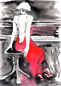 212x300 Woman In Red Dress Paintings - Woman In Red Dress Playing Piano Painting