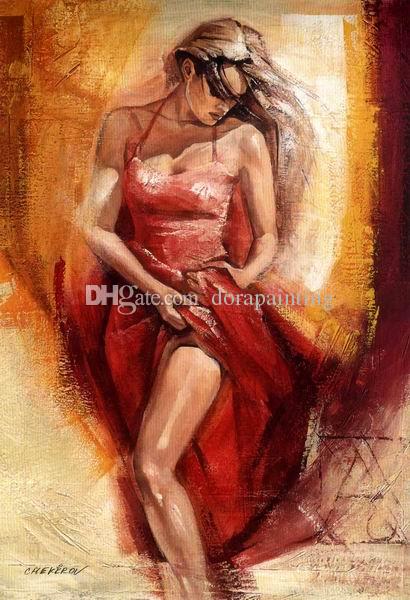 410x600 2018 Hand Made Master Artwork Red Dress Spanish Lady Gypsy Woman - Woman In Red Painting