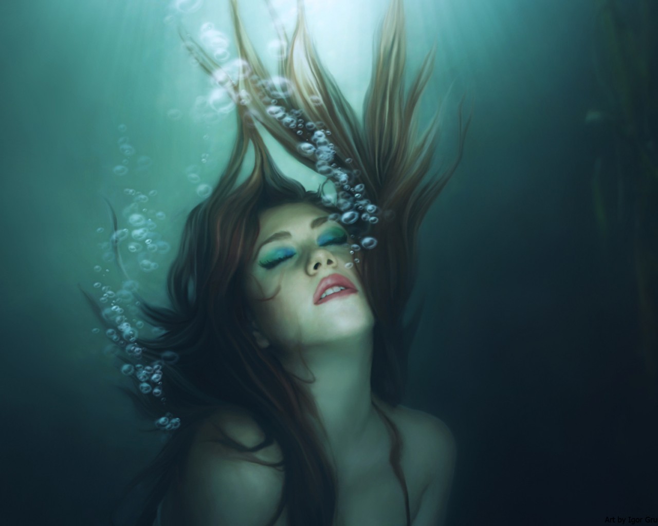 1280x1024 Woman Under Water Painting - Woman In The Water Painting