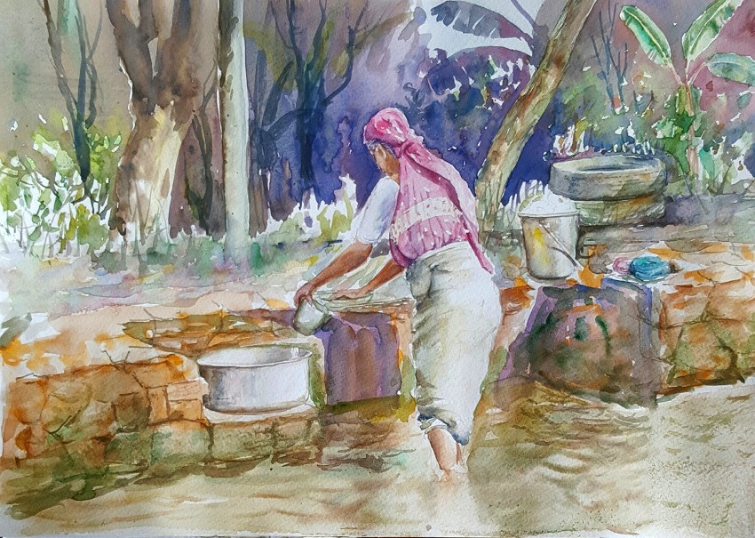 850x605 Washing Woman Karunagama Art Gallery - Woman In Water Painting