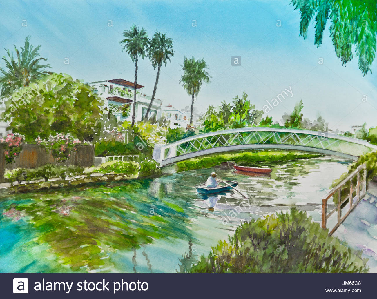 1300x1032 A Woman Rows A Boat By A Bridge On A Canal In A Watercolor - Woman In Water Painting