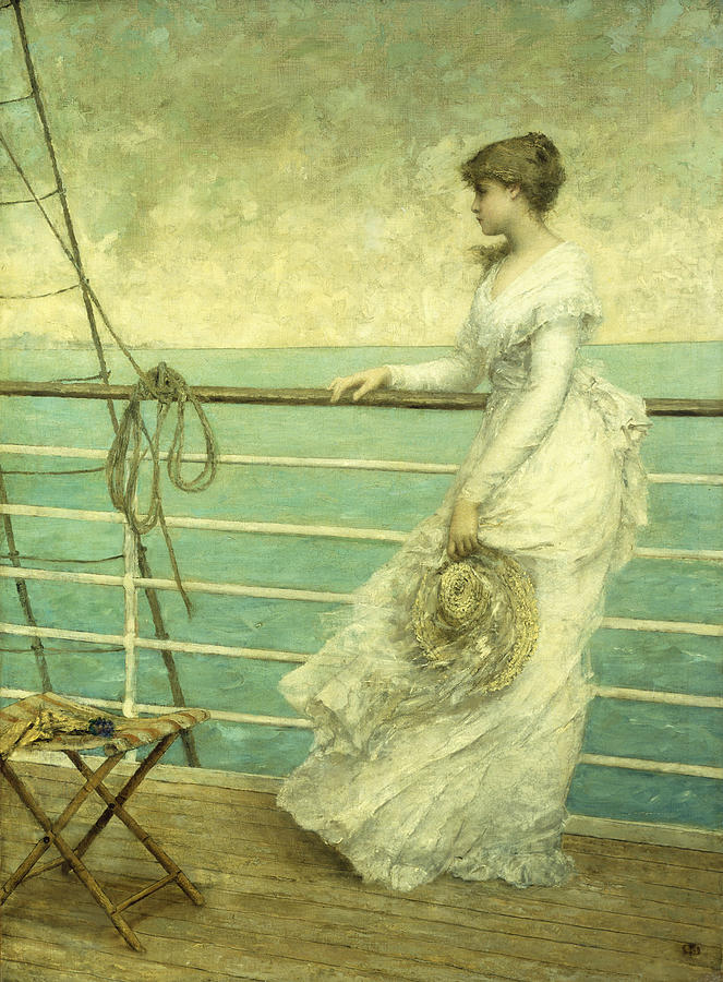 663x900 Lady On The Deck Of A Ship Painting By French School - Woman In White Dress Painting