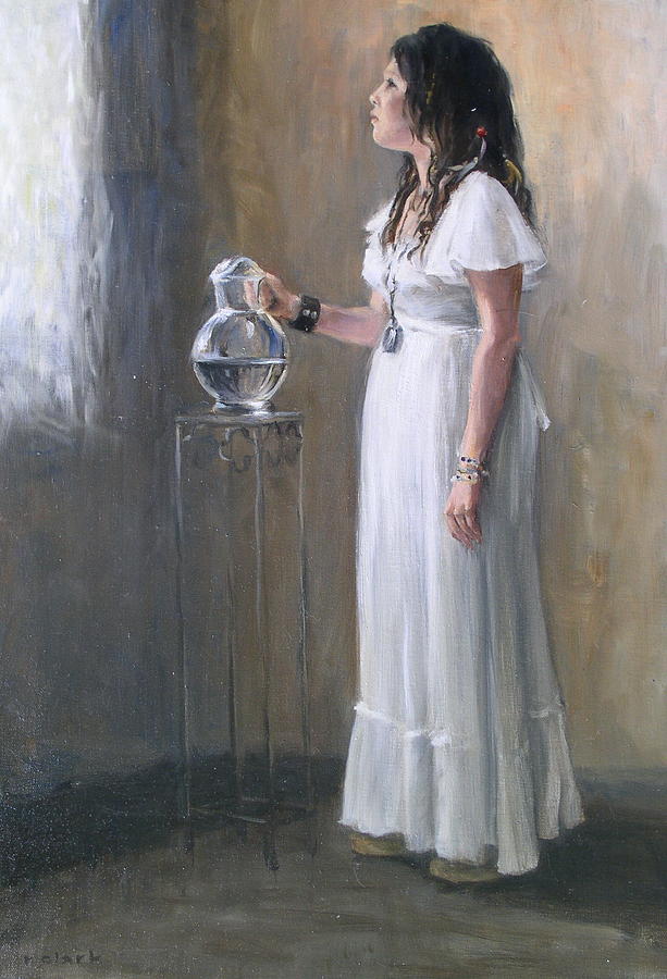 613x900 White Dress Painting By Roger Clark - Woman In White Dress Painting