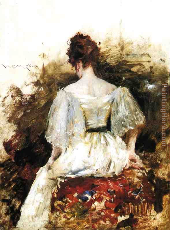 589x796 William Merritt Chase Portrait Of A Woman In A White Dress - Woman In White Dress Painting